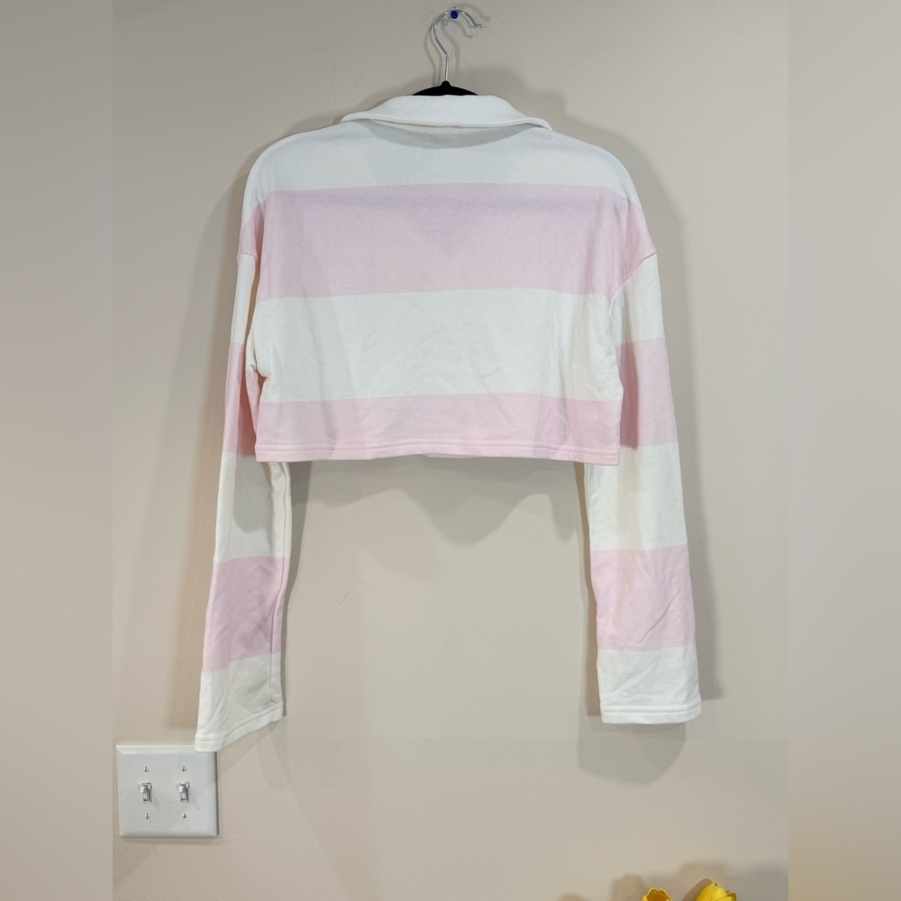 🔥NWOT Missguided  Women’s Cropped  Rugby Polo Pink & White Stripes Size M 🔥 - Picture 3 of 7